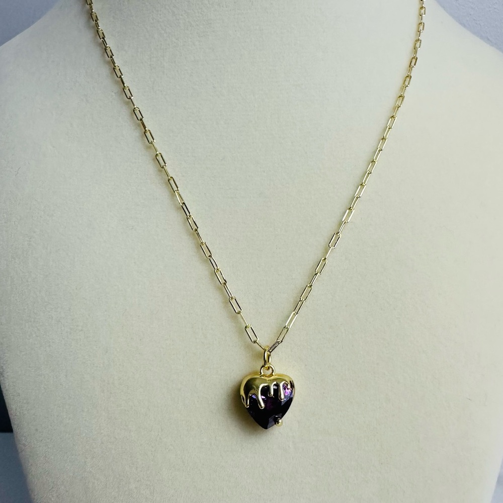 💜 16” Gold-Plated 925 Paperclip Chain Necklace with Amethyst Heart Pendant 💜